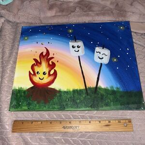 Campfire Marshmallows Rainbow Acrylic Painting on Canvas 11 x 14” Nursery Decor